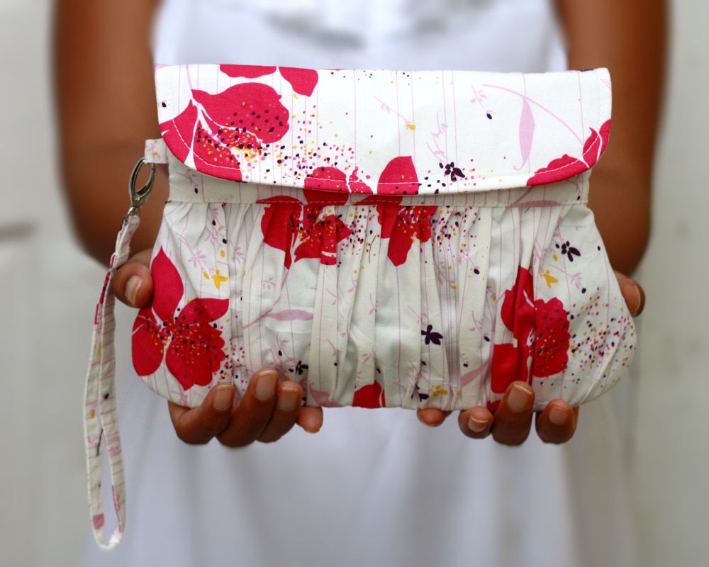 Pleated wristlet clutch white and pink floral