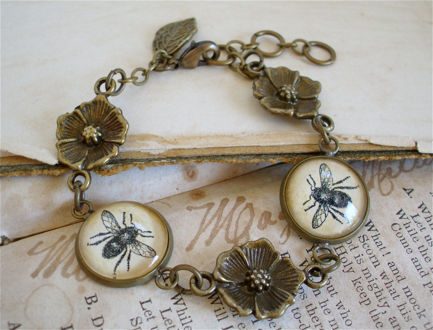 Bee Bracelet - Antique Botanical Print Bracelet in Brass with Flower Connectors and Brass Leaf Clasp Charm