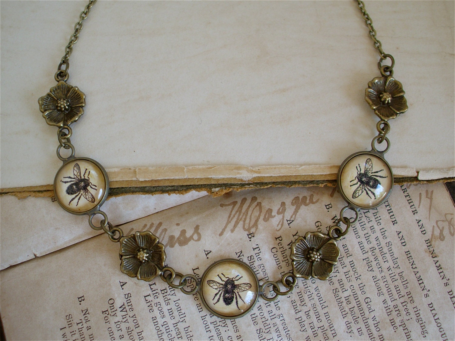 Bee Necklace in Brass with Flower Connectors - Antique Bee Print Necklace - Spring - Summer - Honey