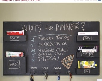 ON SALE Chalkboard Mail Organizer Large wall mounted pockets with key hooks