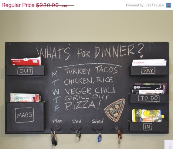 ON SALE Chalkboard Mail Organizer Large wall mounted pockets with key hooks