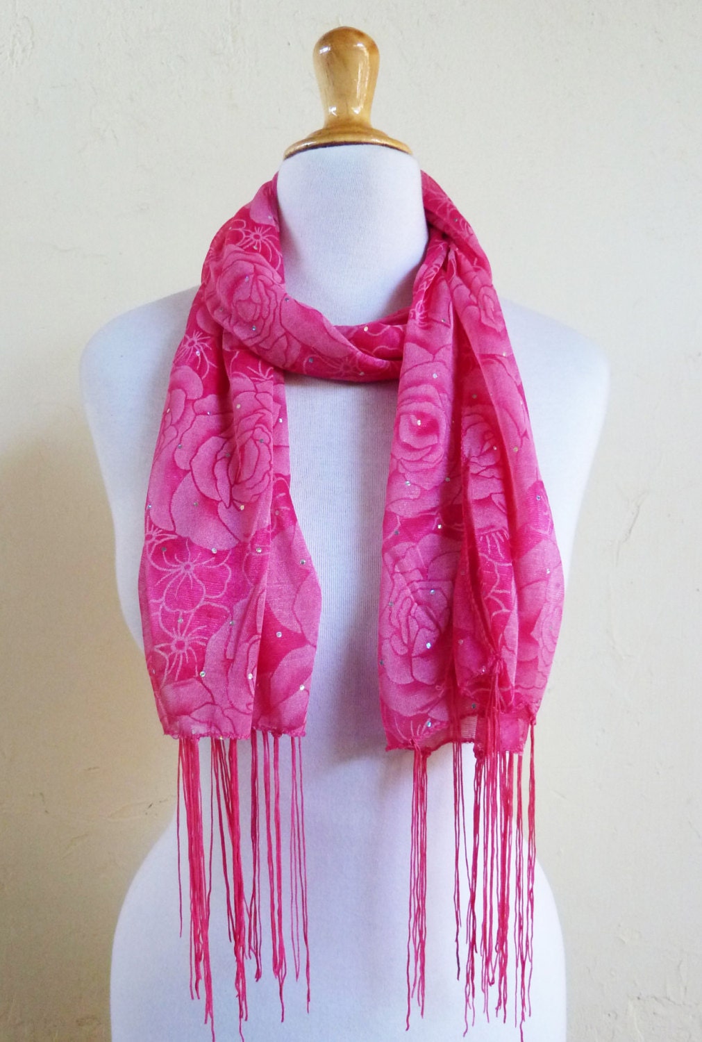 Sequined Shawl/Scarf in PINK with floral print and long fringe - accessories