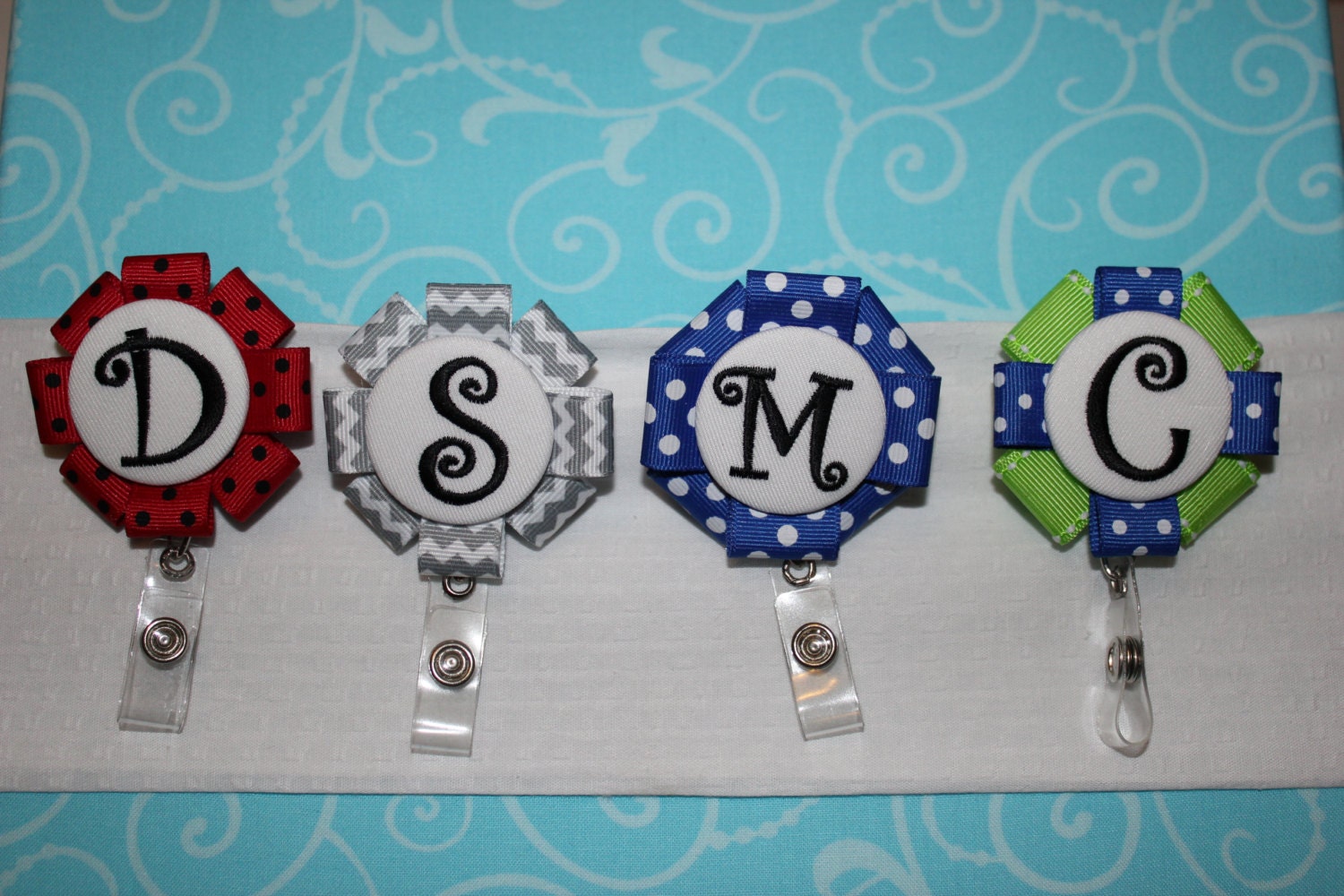 Custom monogrammed embroidered letter button retractable Nurse ID Name Badge Clip Holder Pull in black on white ANY ribbon color combination