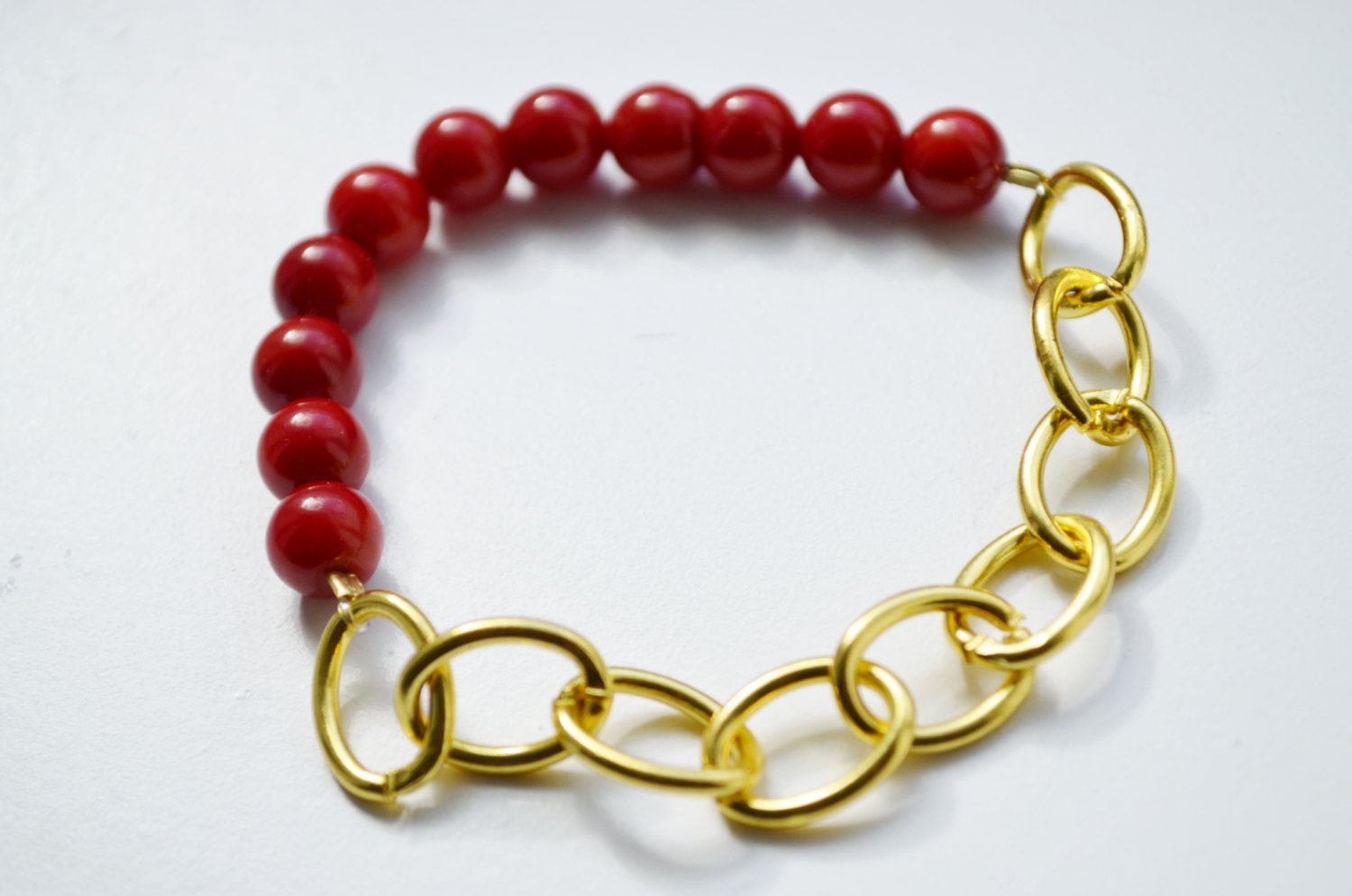 Red Bead and Gold Chain Bracelet