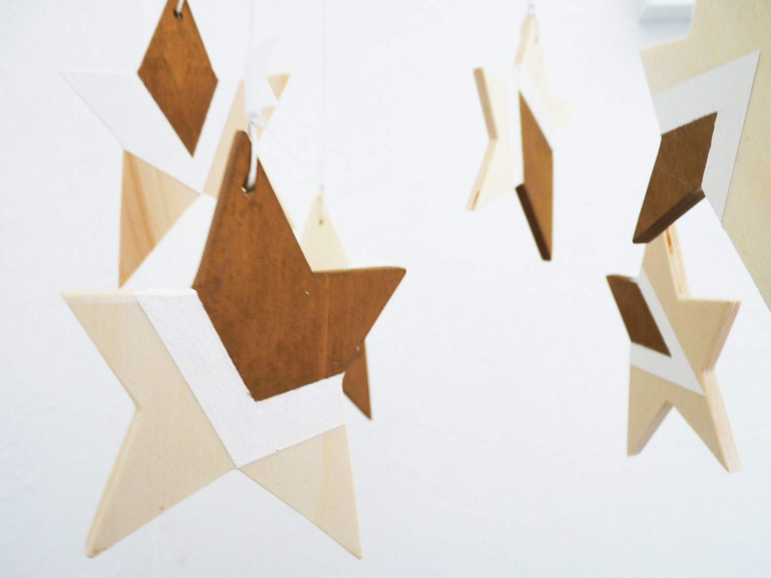 Cottage-chic star mobile No.1, with natural wood, white and antique gold color, LARGE stars, handmade. LIMITED EDITION