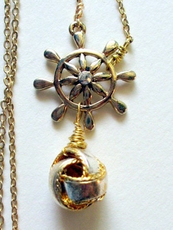 nautical necklace, ships wheel and knot in gold metal