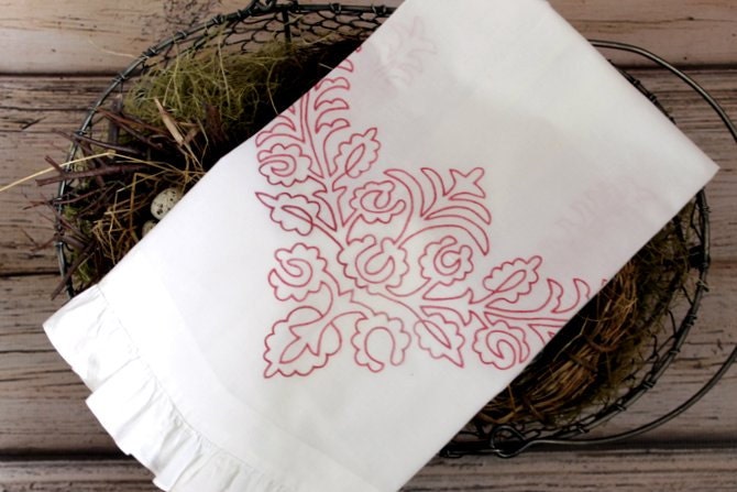 Vintage Redwork Tea Towel white cotton