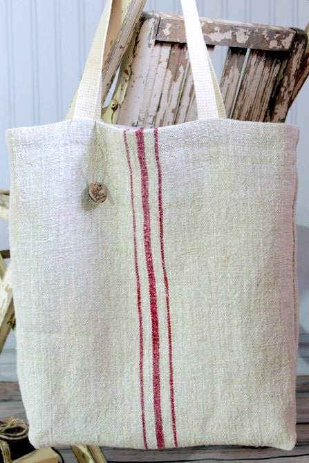 Vintage European Grain Sack Tote Bag Red Stripes