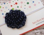 Shabby Chic Headband, Navy Blue Polka Dot Frayed Rosette, Skinny Elastic Headband, White Navy Blue, Infant Headband, Baby Headband