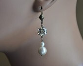 Bridal Pearl Earrings,Filigree Earrings,Victorian Earrings,Vintage Style Earrings,Brass Earrings,Swarovski Crystal and Pearl Earring