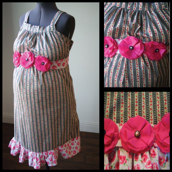 Maternity Hospital Gown-- Black and Pink Floral Stripe, Ruffle Band, Removable Deluxe Floral Sash with Rhinestones (maternity labor gown)