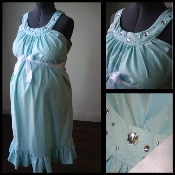 Maternity Hospital Labor Gown- Ice Blue Sparkle, Ruffle Band, Silver Studs and Rhinestoned Neckline (labor and delivery gown)