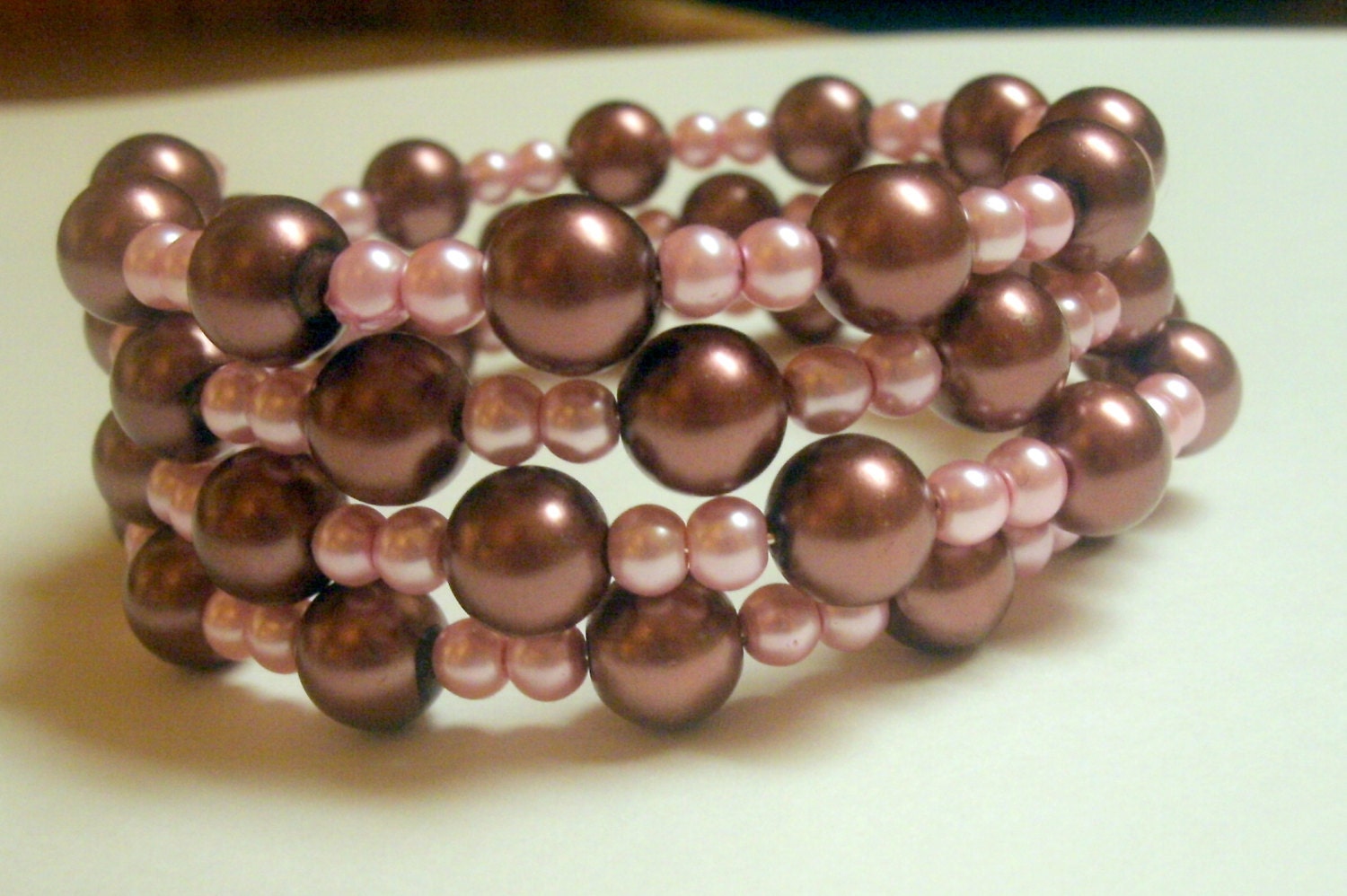CLEARANCE  Fun with Pink and Brown Glass Pearl memory wire bracelet
