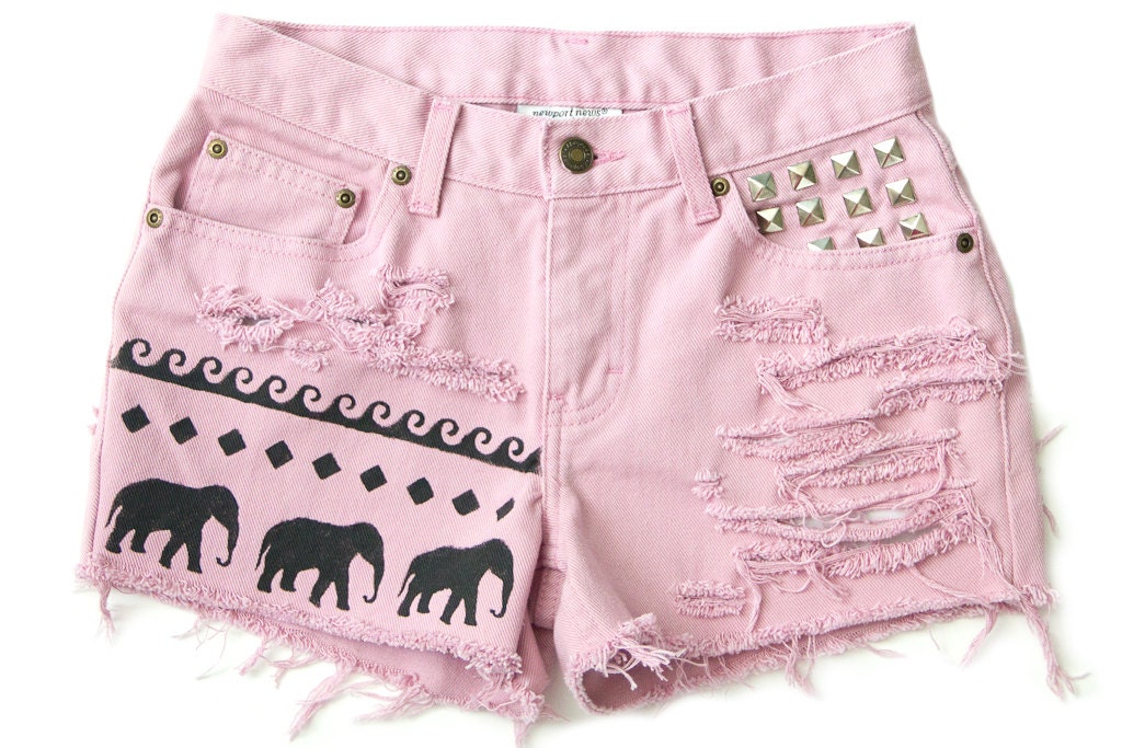 Tribal Aztec Elephant Waves Shorts Hand Painted Pink Vintage Distressed High Waisted Denim Boho Coachella Hipster Small Medium W28