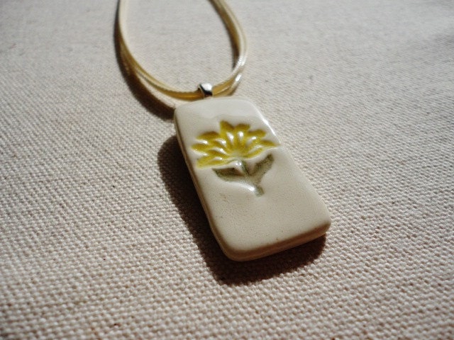 FREE SHIPPING Handmade Ceramics Necklace, Yellow Flower, Ivory - on Cotton Cords with Magnetic Closure, Whimsical Original Art, Hand Glazed