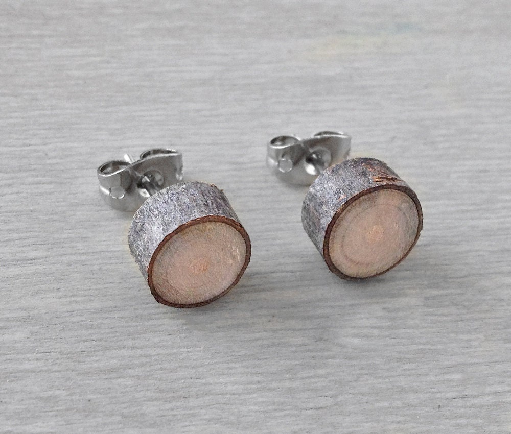 Petite Wood Slice Stud Earrings - Hardwood Post Earrings Natural Oak Wood Stud Earrings with Surgical Steel Posts