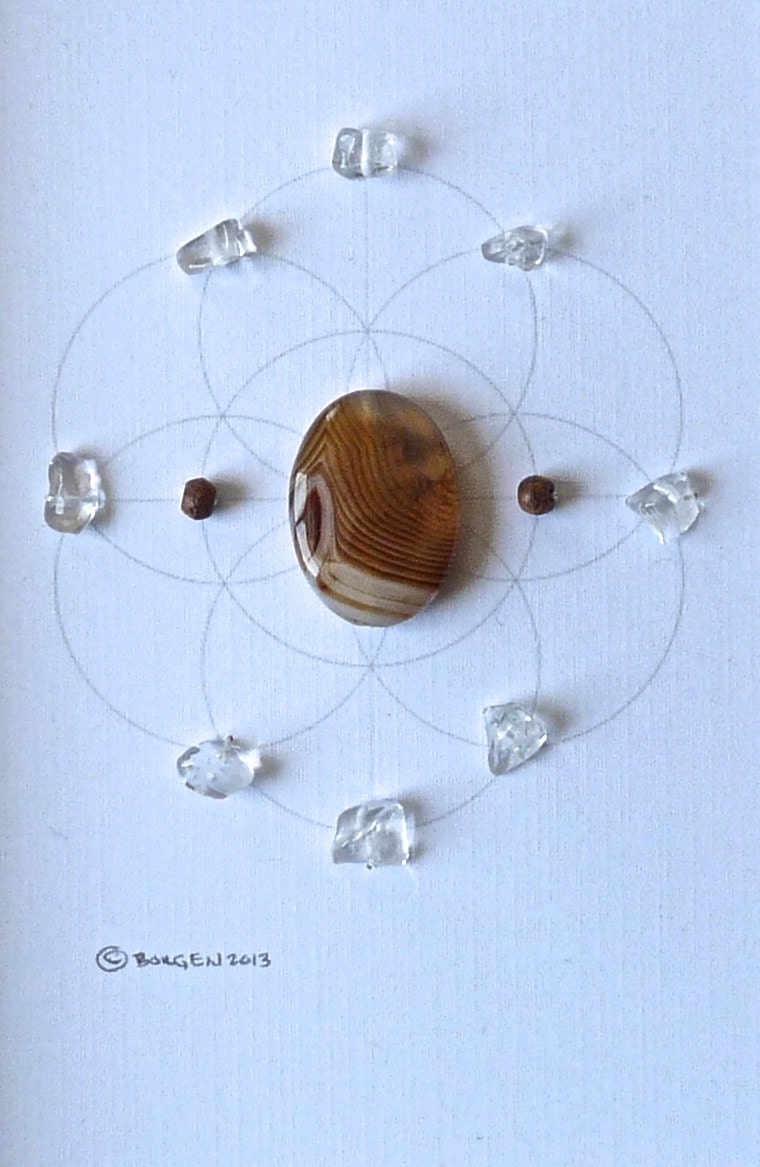 STRENGTH STAMINA FOCUS --- framed sacred crystal grid --- agate, quartz