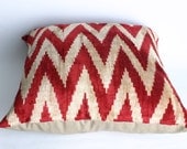 FAST Shipment with FEDEX (1-3 Days). Silk Velvet Ikat  Pillow -Decorative Handmade Pillow (2 pieces ) - Double SET ,red,cream ,20x20 inch