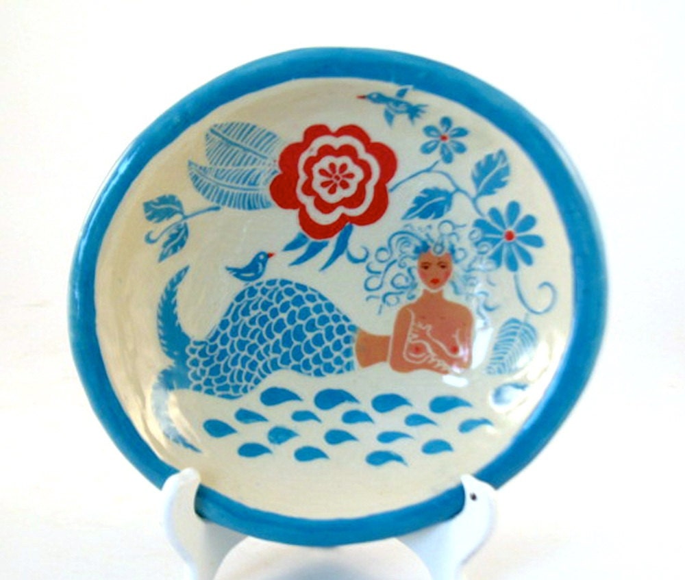 Handmade Exotic MERMAID Bowl Sgraffito Folk Art Influence Flowers