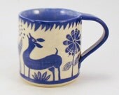 NEW Large Blue & White DEER Mug Sgraffito Carved Design on Stoneware Pottery