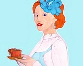 Pretty Art Lady Teatime Blue Flower Elegant Feminine Woman Lace Floral Teacup Light Blue Red