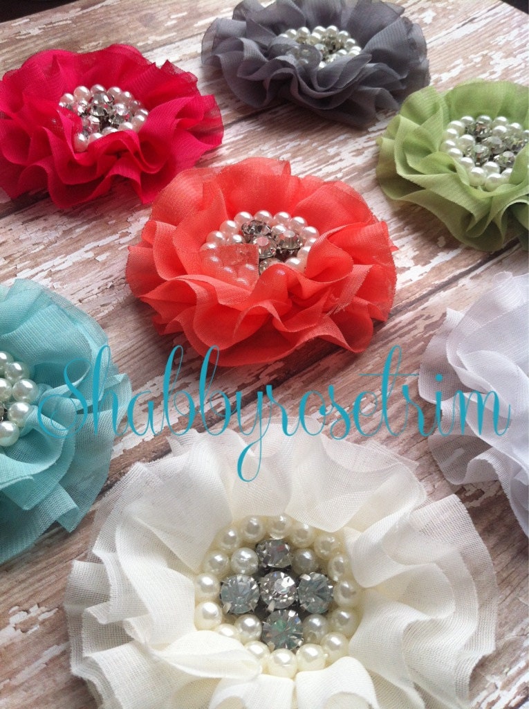5 Elegant Pearl Rhinestone Chiffon Flowers- you choose colors