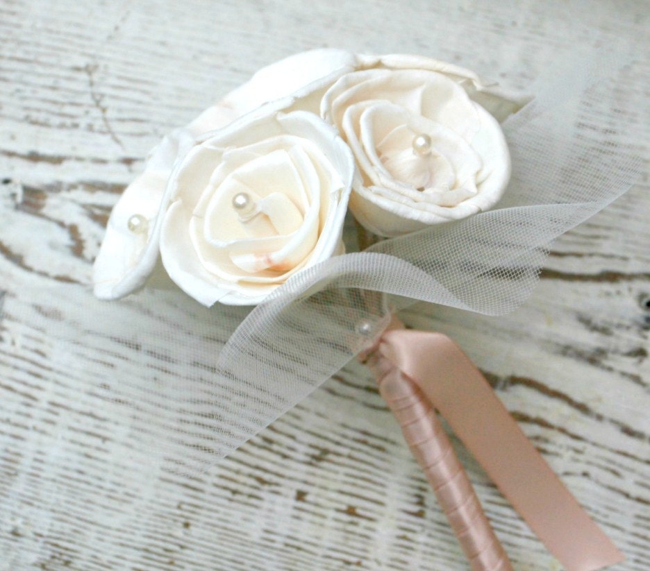 Classic Pearl & Tulle Collection - Mini Wedding Bouquet - Toss Bouquet, Jr Bridesmaid - Ivory, Blush, Sola Wood Rose - Alternative Bouquet
