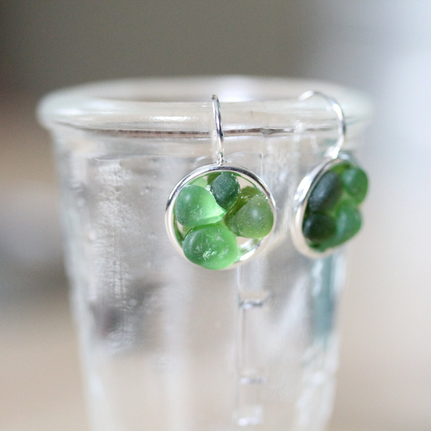 Sea Glass & Silver Mosaic Earrings - Green