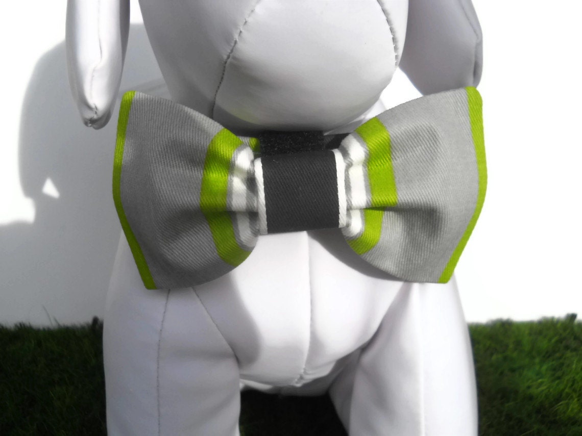 Dog bow tie in grey,lime, black and white stripe ...The "Havana" collection....Any size...