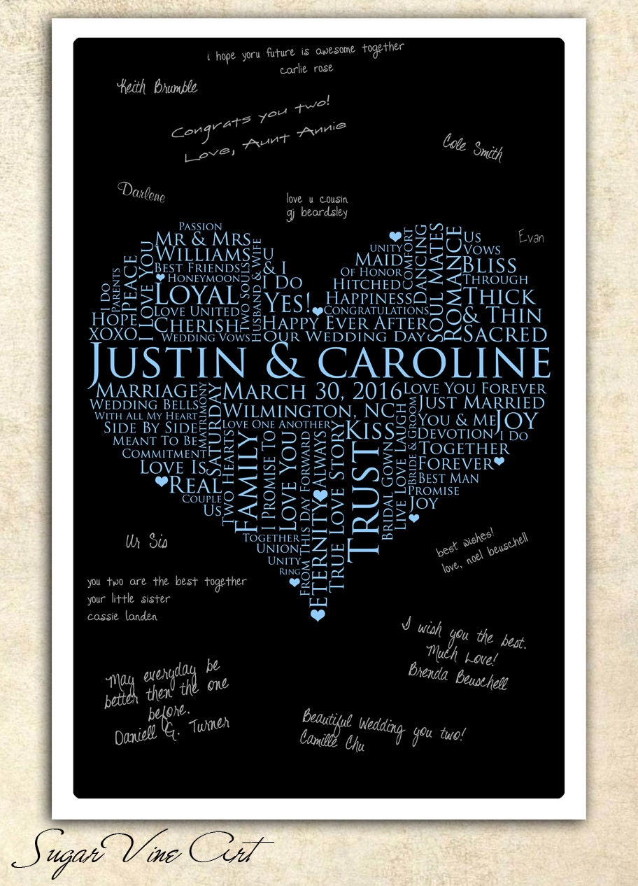 Wedding heart Guestbook, 16x20 Signature Guest Book, personalized wedding word art, WEDDING GUESTBOOK SIGNATURE poster, love words poster
