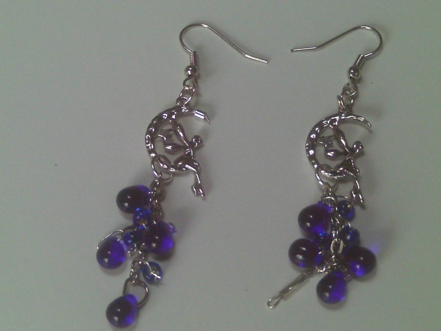 Silver Fairy Sitting on the Moon Earrings, Long Drop Silver and Cobalt Teardrops Earrings, Summer Style Earrings, Mystical Jewelry