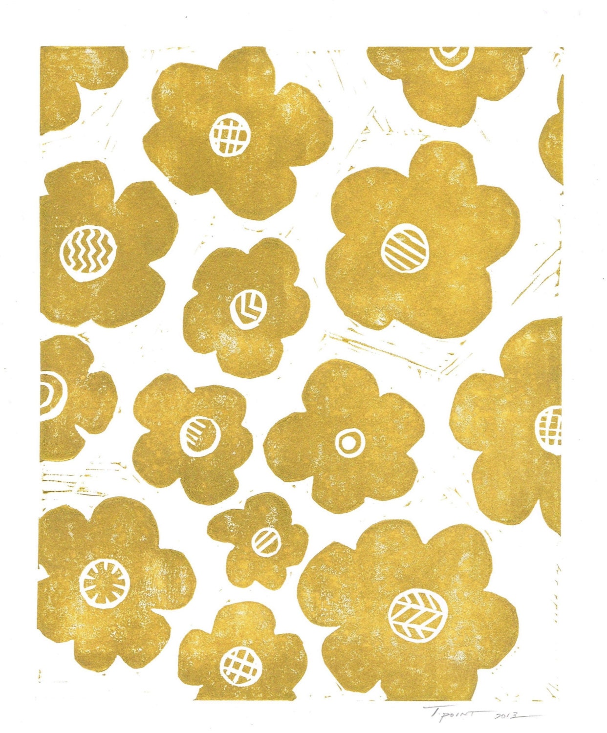 Abstract Floral Linocut Art Print / 8 x 10 Home Decor / Gold / Nature