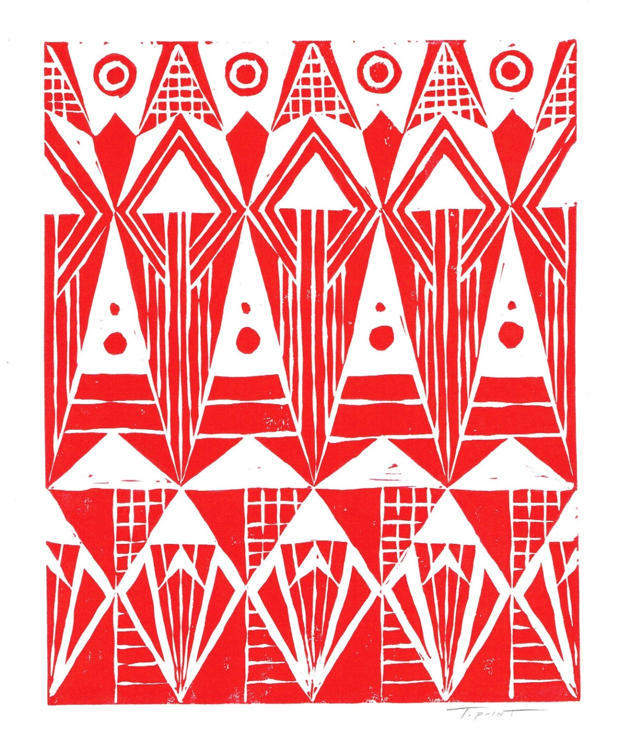 Abstract Repeating Art Deco Geometric Art Block Print 8 x 10 Home Decor / Red, Charcoal Grey, Black, Silver, Turquoise / Hand Pulled Linocut