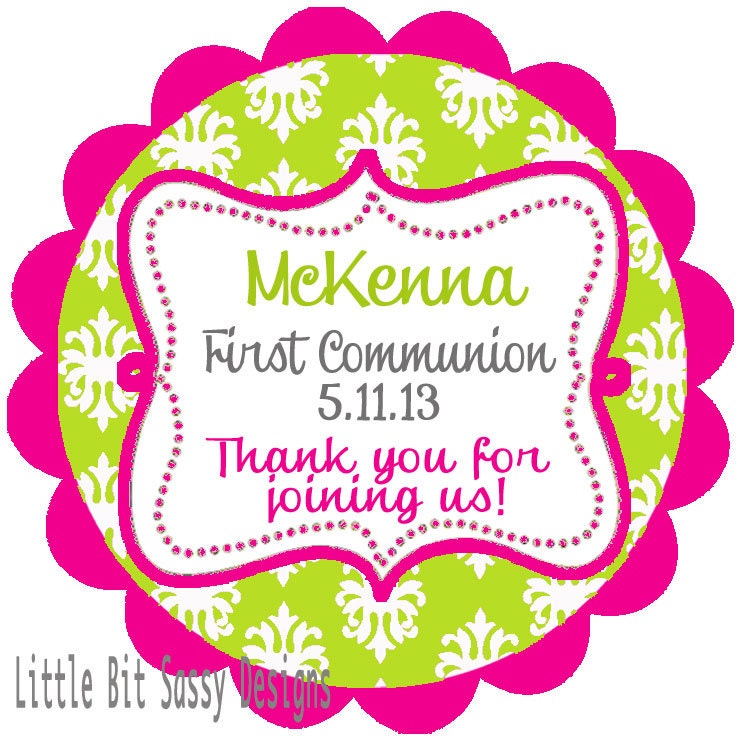 Baptism First Communion Christening Custom stickers flowers Damask Round Labels Pink Green