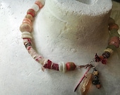 Bohemian choker necklace with mystic coated quartz point, sari silk and rustic beads