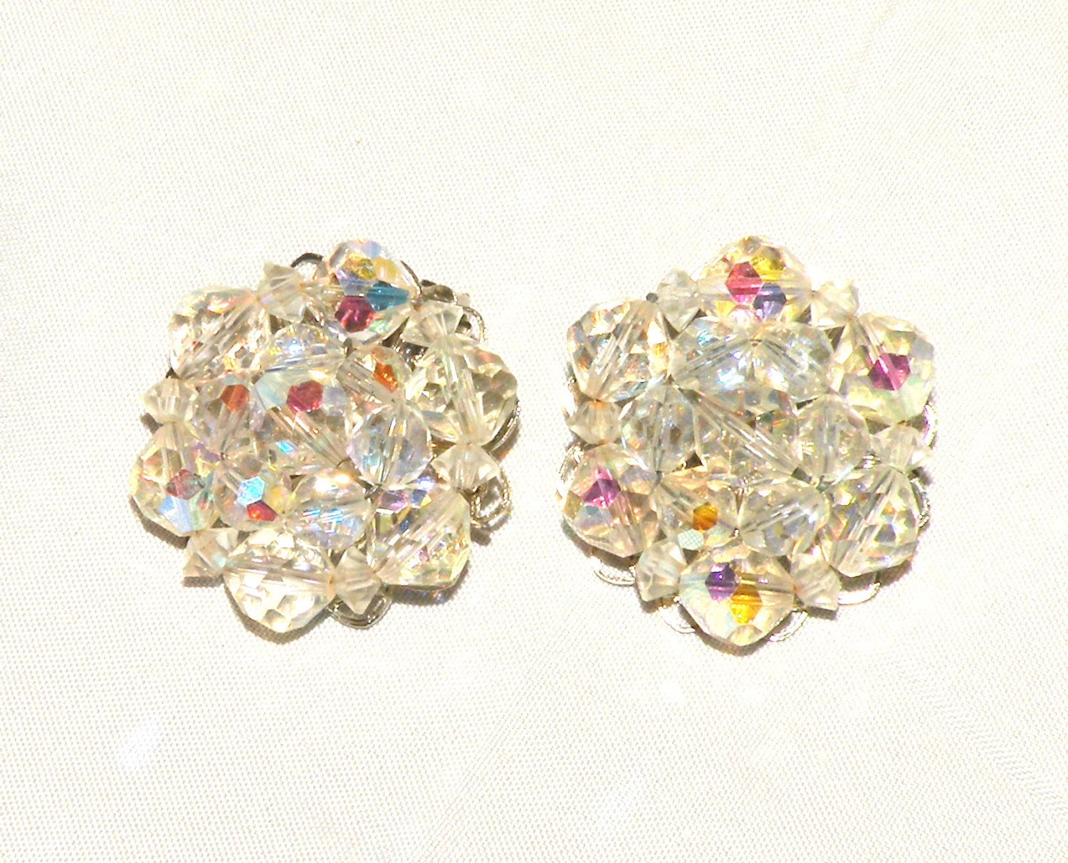 Vintage Earrings Aurora Borealis Glass Ornate Backs Clip Earrings