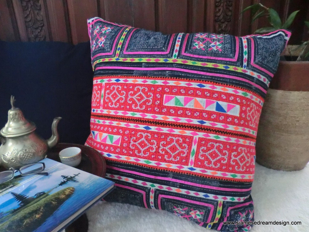 30" Colorful Vintage Embroidery Cross Stitch & Detailed Applique Hmong Floor Pillow Cushion Covers