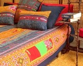 Vintage Hmong Indigo Batik Embroidery Applique Cotton Quilt Duvet Cover Blanket