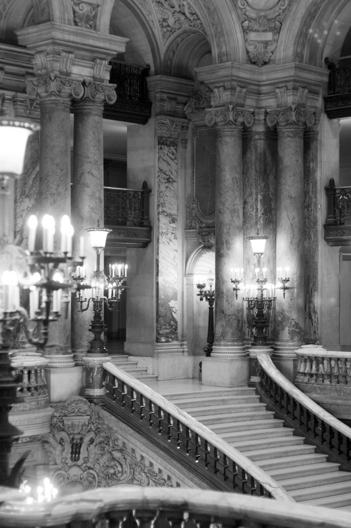 Paris Photography - Opera Garnier, Ornate, Black and White Architectural Photograph, French Chandeliers, Wall Decor