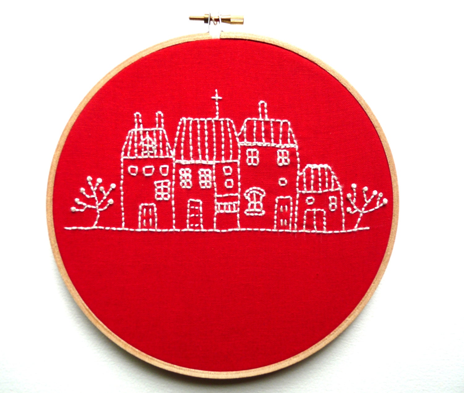 Dutch Houses Embroidery on Red Linen - Wall Art - CandykinsCrafts