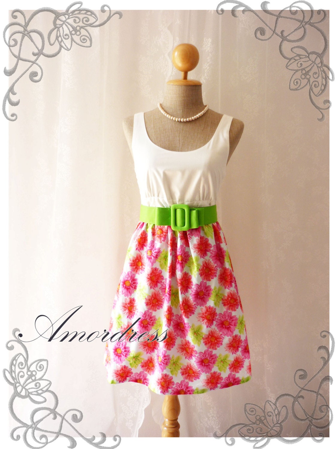Floral Goddess Dress - Summer Floral Two Tone Dress Green Pink Flower Sweet Dress Cotton Summer Dress Party Colorful Everyday Dress-S-