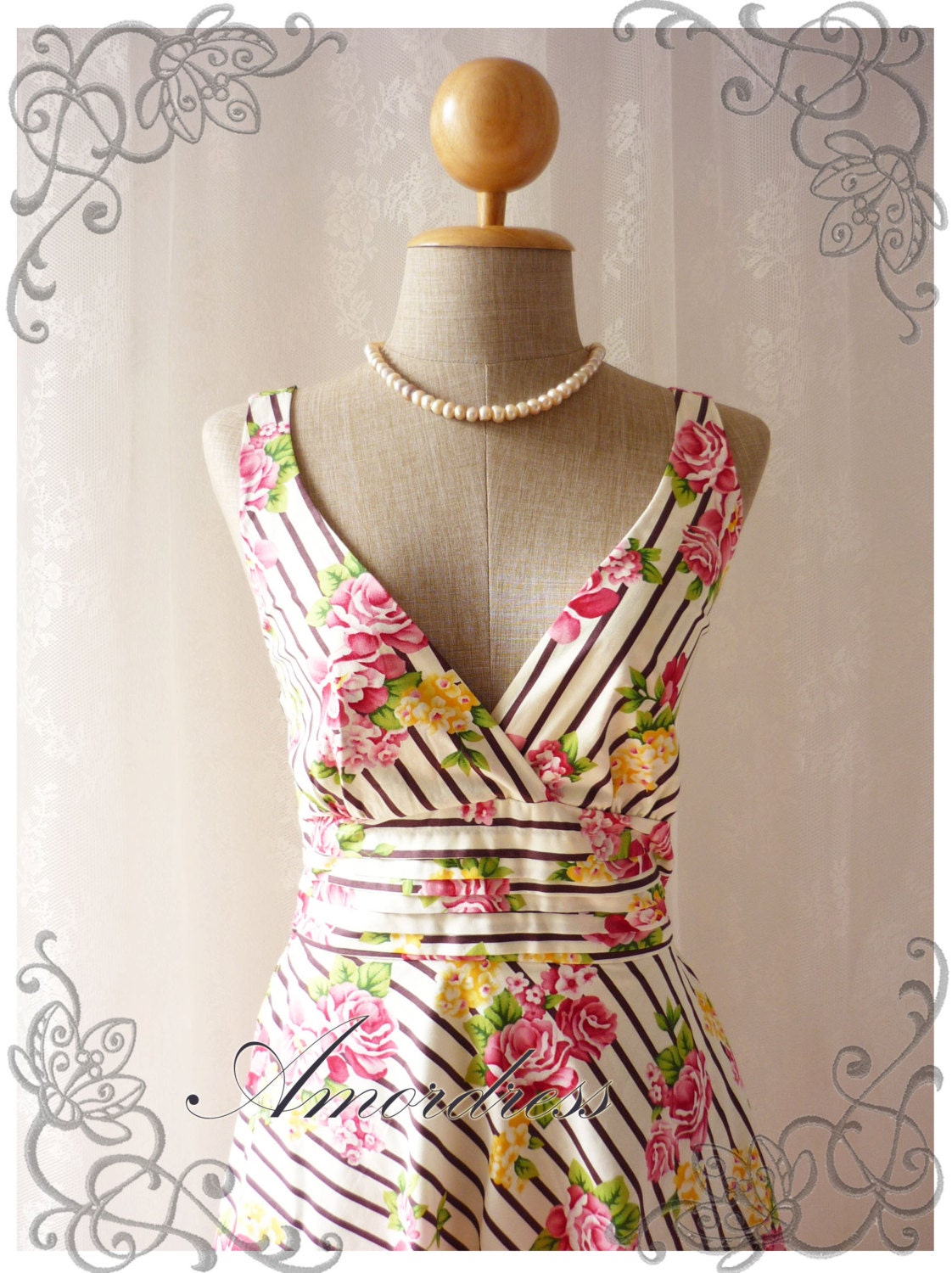 All About Floral - Floral Dress Summer Vintage Inspired Tea Dress Tea Party Cocktail Garden Woodland Gorgeous Dress Pink Rose -Size XS-S-