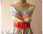 Rainbow Spectrum - Colorful Summer Dress Indigo Stripe Dress Party Popping Tea Dress Party Event Everyday Dress White Shade -S-M-
