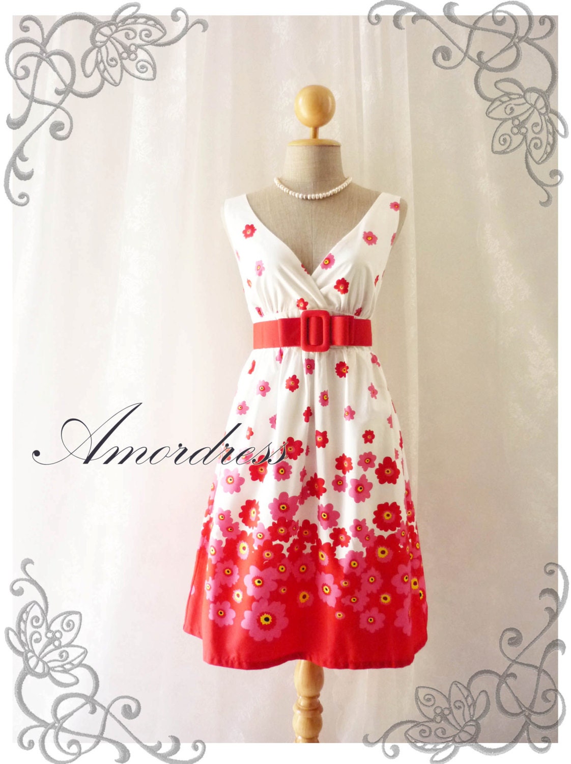 Blooming - White with Red Floral Dress Tea Dress High Waisted Vintage Inspired Dress Party Cocktail Garden Dress Tea Dresses -S-M-