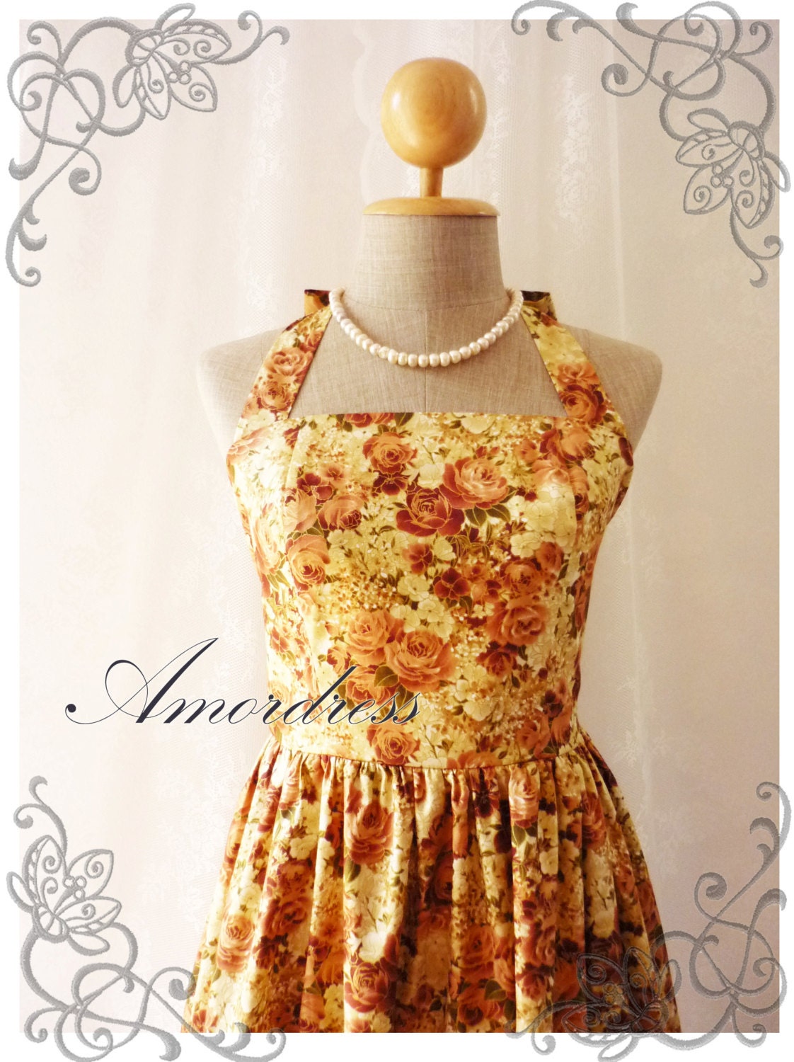 Exotic Brown Gold Rose Dress Japanese Style Rose Vintage Inspired Dress Party Tea Dress Once Upon a Time -Size S- ...LIMITED EDITION