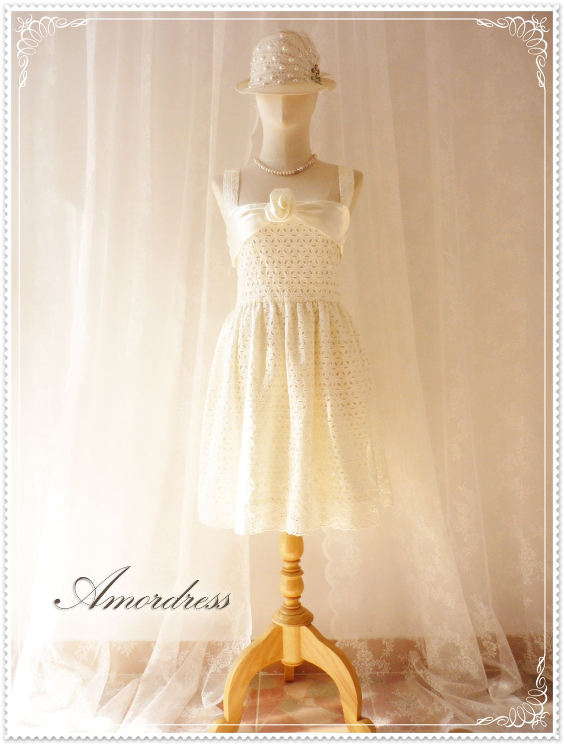 SALE White Cream Lace Dress Gorgeous Lacy and Rose Party Wedding Bridesmaid Sweet Dress