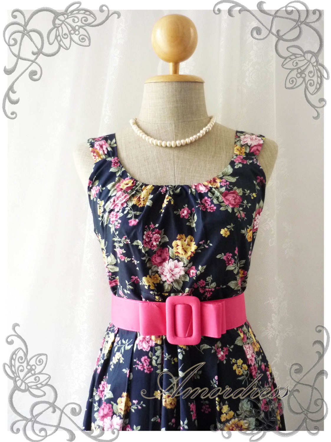 Blooming - Exotic Floral Dress Navy Dress with Yellow Pink Floral Summer Perfection Tea Dress Party Garden Wedding Cocktail Dress -S-M-
