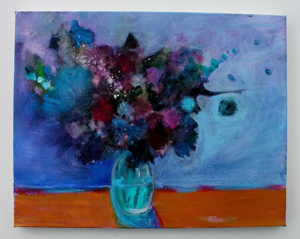 Abstract Floral Still Life Painting Acrylic Canvas "Bouquet in a Blue Room"