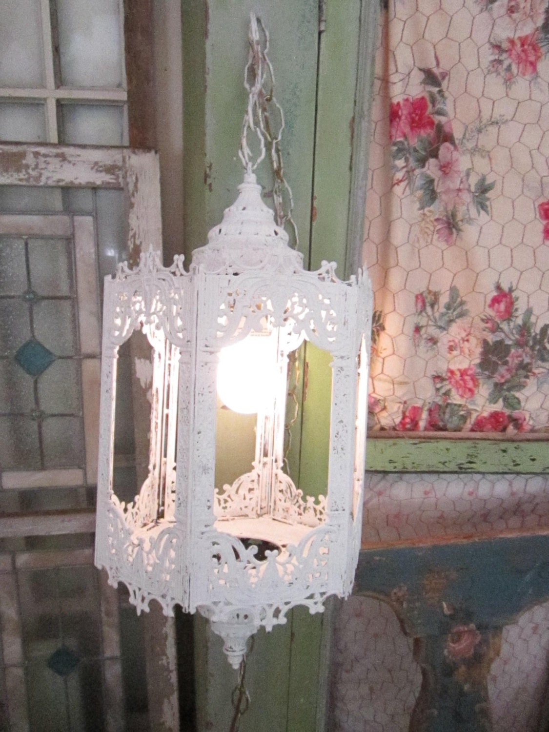 Chippy white Chandelier vintage French  chandy  new wiring shabby chic prairie cottage chic