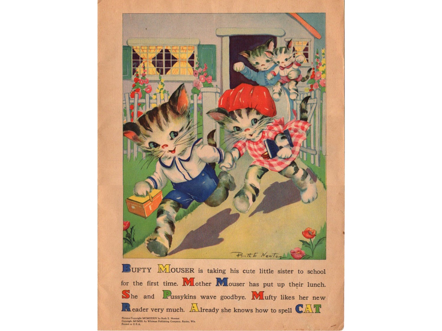 Vintage 1930s Childrens Book Page Kittens Running Puppy in Trouble